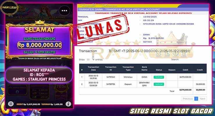 Ros menang Rp8 Juta dari Starlight Princess Pragmatic Play di Rajaslot