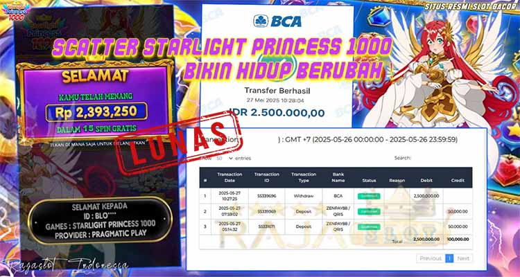 BLO menang slot Starlight Princess 1000 Rajaslot 27 Mei 2025