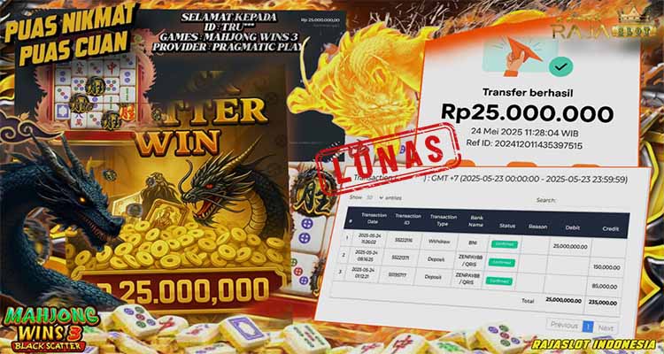 Tru menang slot Mahjong Wins 3 Rajaslot 24 Mei 2025