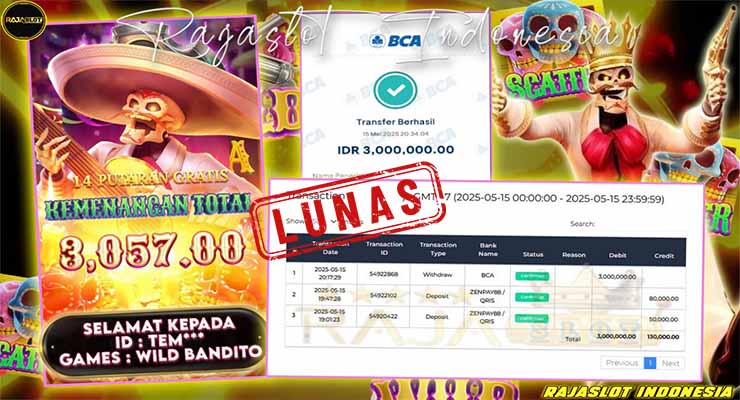 Kemenangan Wild Bandito di Rajaslot oleh member Tem – Mei 2025
