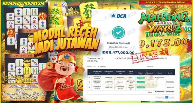 Bukti Menang Mahjong Ways 2 PG Soft Rp9 Juta di Rajaslot