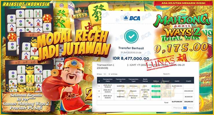Bukti Menang Mahjong Ways 2 PG Soft Rp9 Juta di Rajaslot