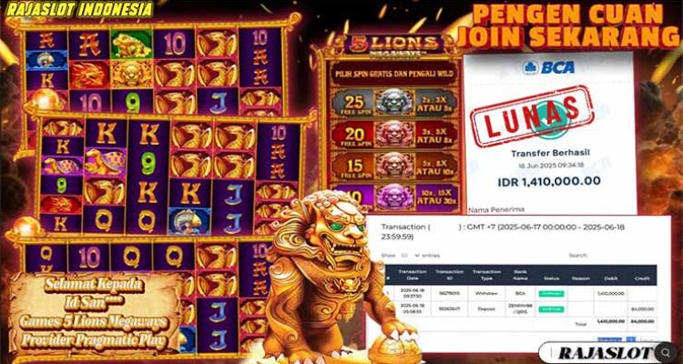 Bukti Menang 5 Lions Megaways Pragmatic Rp1,4 Juta di Rajaslot