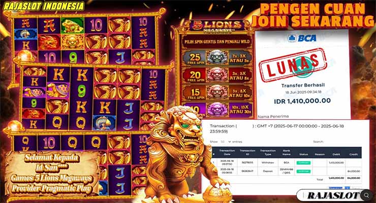 Bukti Menang 5 Lions Megaways Pragmatic Rp1,4 Juta di Rajaslot