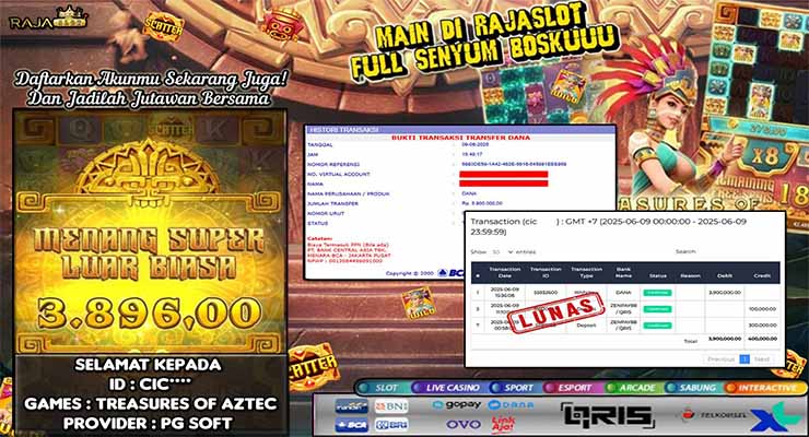 CIC menang Treasure of Aztec di Rajaslot 9 Juni 2025