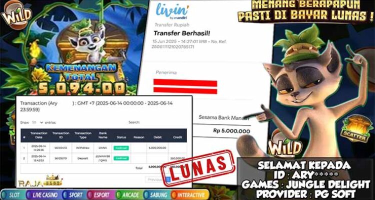 Bukti Menang Slot Jungle Delight Rp5 Juta di Rajaslot