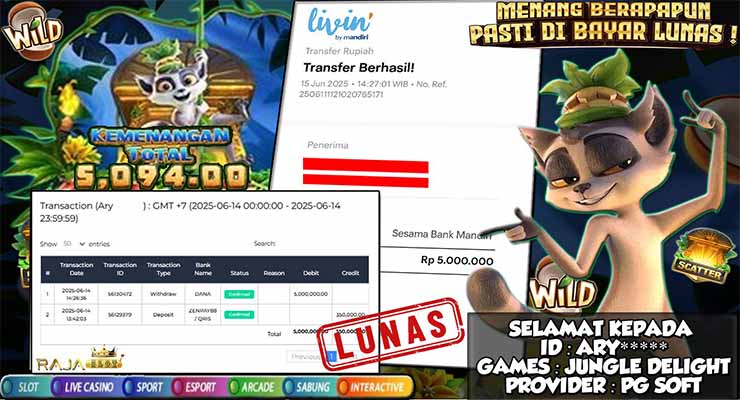 Bukti Menang Slot Jungle Delight Rp5 Juta di Rajaslot