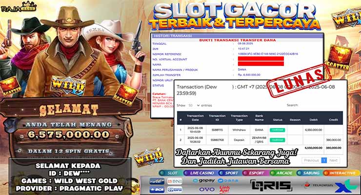 DEW menang slot Wild West Gold Rajaslot 8 Juni 2025