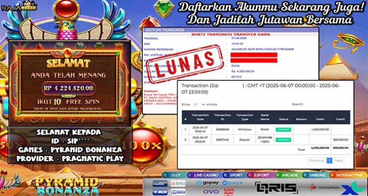 SIP menang slot Pyramid Bonanza Rajaslot 7 Juni 2025