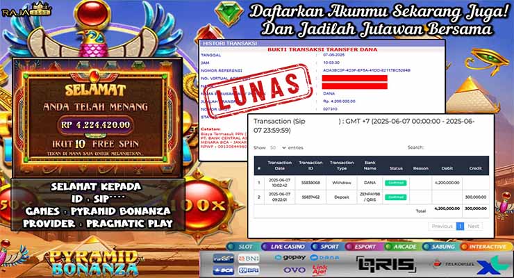 SIP menang slot Pyramid Bonanza Rajaslot 7 Juni 2025