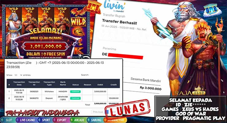 Bukti Kemenangan Slot Zeus Vs Hades di Rajaslot