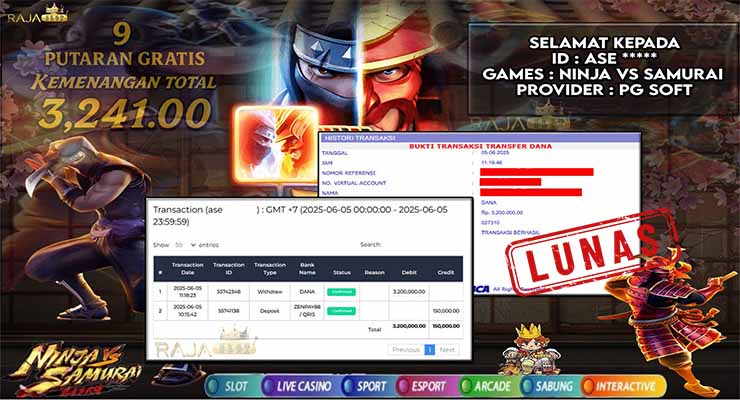 ASE menang slot Ninja Vs Samurai Rajaslot 5 Juni 2025