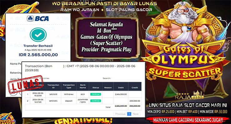 Pemain Bon*** menang Rp2,57 juta di slot Gates of Olympus Super Scatter di Rajaslot