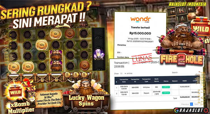 bukti kemenangan Fire in The Hole 2 di Rajaslot — 10x Free Spins Rp15.000.000 (ID Dha***, 19-08-2025)