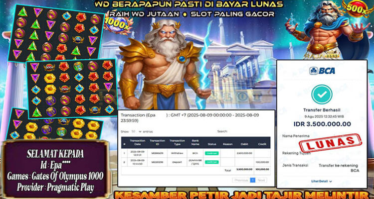 Pemain Epa*** menang Rp3,5 juta di slot Gates of Olympus 1000 di Rajaslot