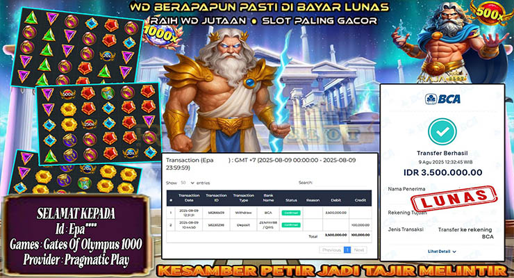 Pemain Epa*** menang Rp3,5 juta di slot Gates of Olympus 1000 di Rajaslot
