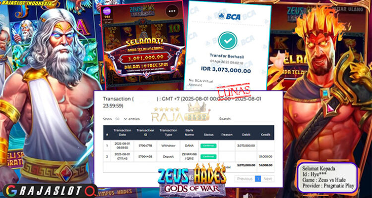 Pemain Hye*** menang Rp3 juta di slot Zeus vs Hades pada situs Rajaslot