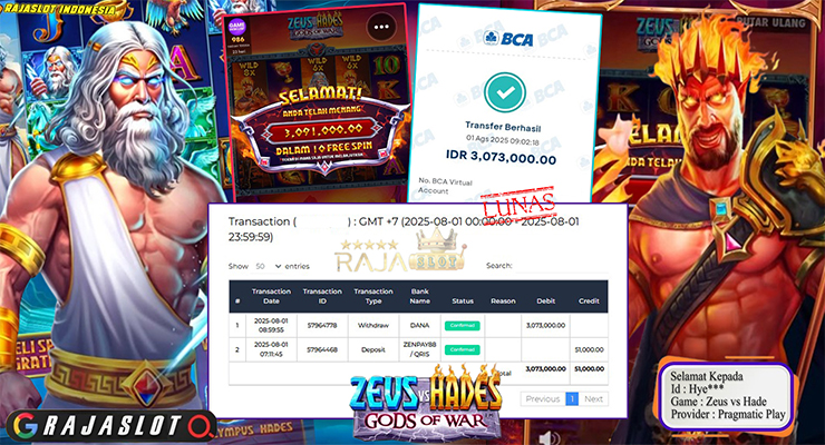 Pemain Hye*** menang Rp3 juta di slot Zeus vs Hades pada situs Rajaslot