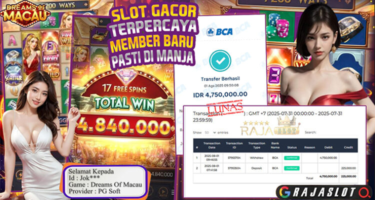 Pemain Jok*** menang Rp4,75 juta di slot Dreams of Macau di Rajaslot