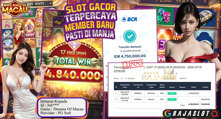 Pemain Jok*** menang Rp4,75 juta di slot Dreams of Macau di Rajaslot