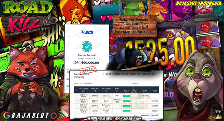 Pemain Leb*** menang Rp1,6 juta di slot Road Kill di Rajaslot