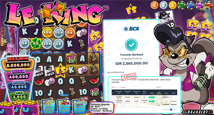 Pemain Ro9*** menang Rp2,57 juta di slot Le King di Rajaslot