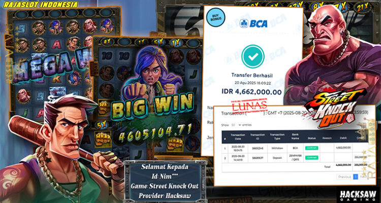 bukti kemenangan Street Knock Out di Rajaslot — 10x Free Spins Rp4.582.000 (ID Nim***, 20-08-2025)