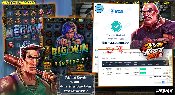 bukti kemenangan Street Knock Out di Rajaslot — 10x Free Spins Rp4.582.000 (ID Nim***, 20-08-2025)