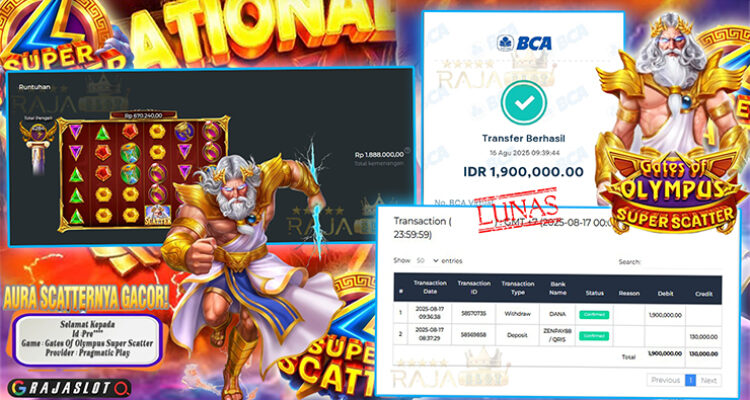 menang Gates of Olympus Super Scatter — bukti Rajaslot 15x Free Spins Rp1.888.000 (ID Pre***, 16-08-2025)