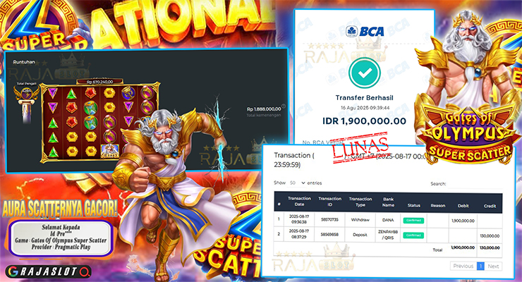 menang Gates of Olympus Super Scatter — bukti Rajaslot 15x Free Spins Rp1.888.000 (ID Pre***, 16-08-2025)