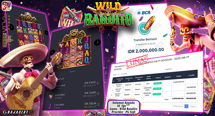bukti kemenangan Wild Bandito di Rajaslot — 10x Free Spins Rp1.977.000 (ID Yge***, 17-08-2025)