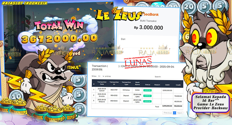 Pemain Bar*** menang Rp3 juta di slot Le Zeus Rajaslot